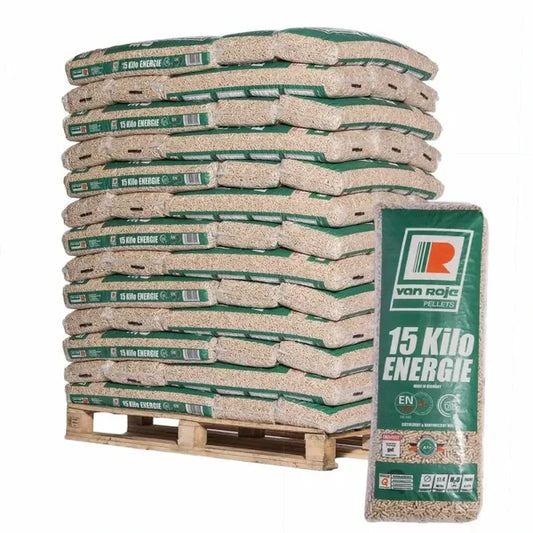 Palé de pellets de madera Van Roje con 65 sacos de 15 kg